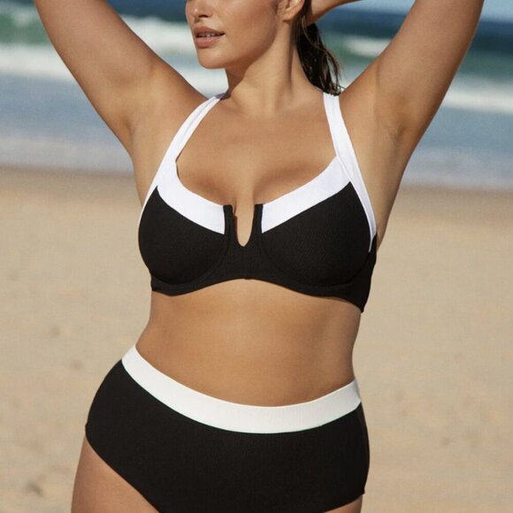 Berlook Black Contrast Trim Plus Size Bikini Top and Bottom - Picture 2 of 14